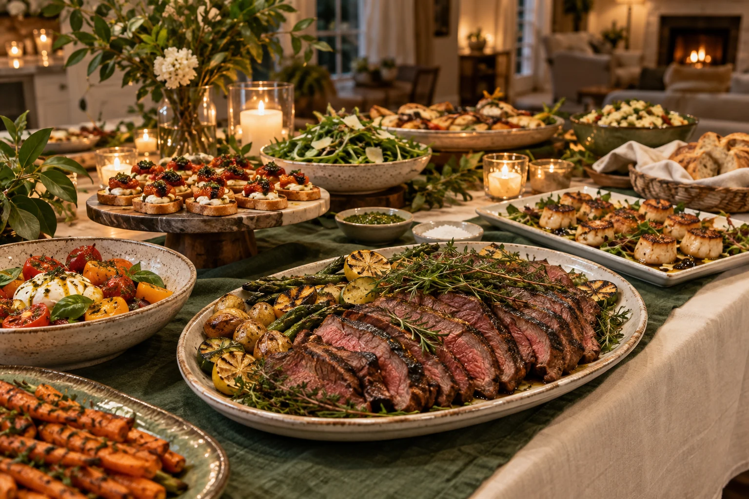 A generous catered spread of cooked dishes and savory bites, arranged for a gathering