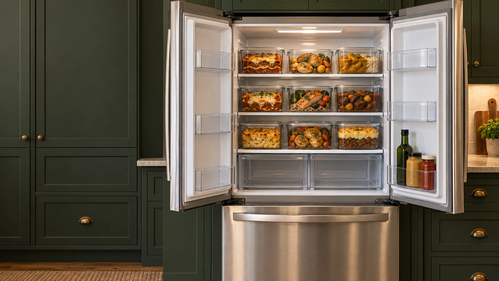 A fridge transforming from takeout boxes to glass containers of fully cooked meals