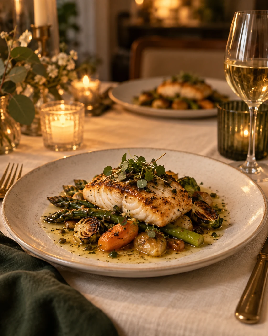 A carefully plated dinner at a candlelit table