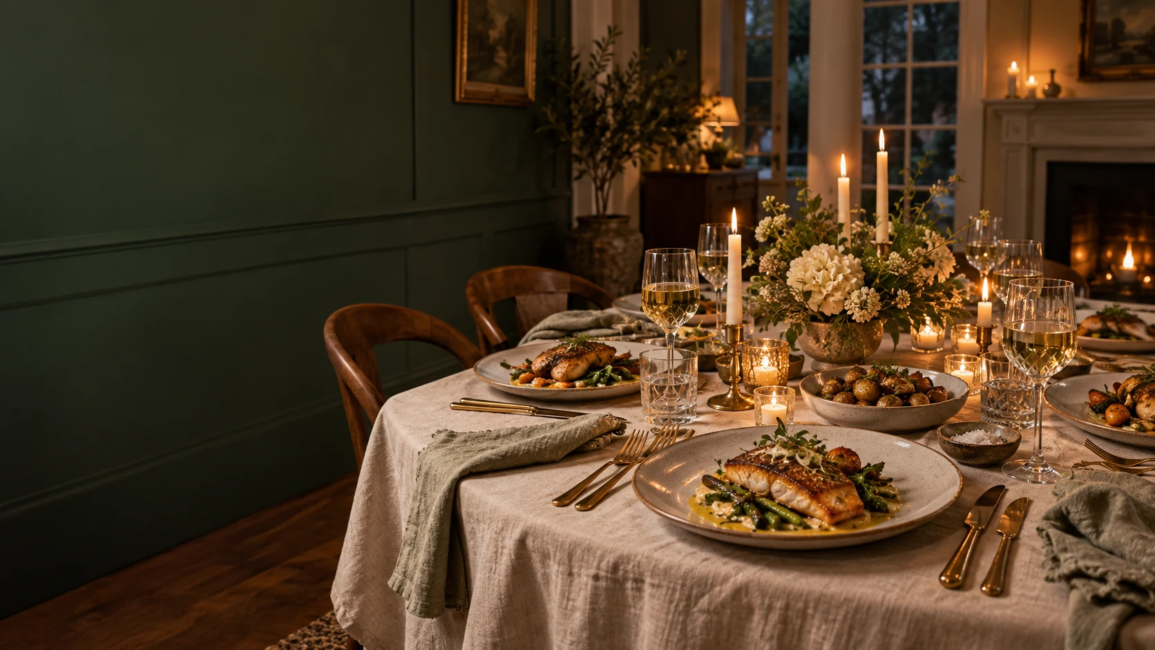 An inviting table set with plated dinners, candlelight, and crystal glasses
