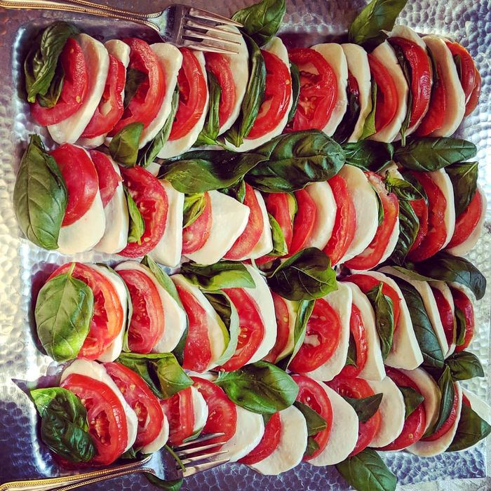 Rows of tomato and fresh mozzarella caprese arranged on a platter