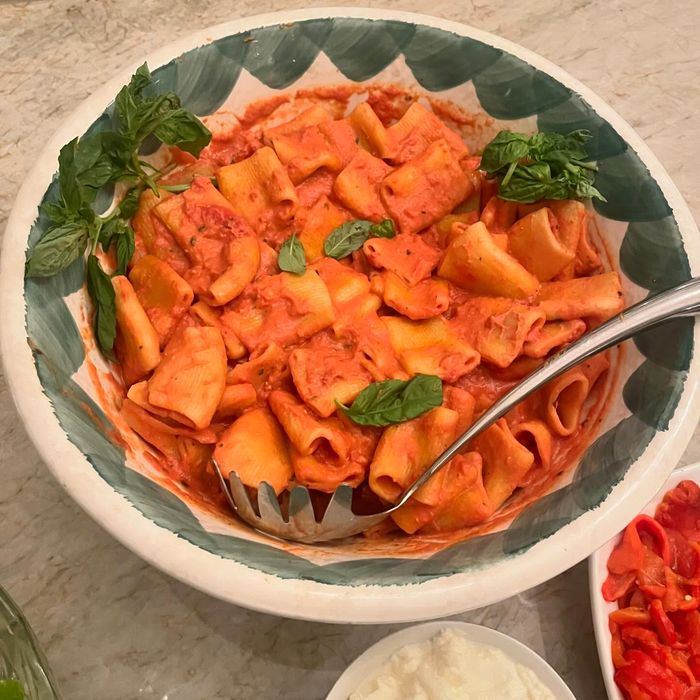 A bowl of paccheri pasta in a creamy tomato sauce with fresh basil
